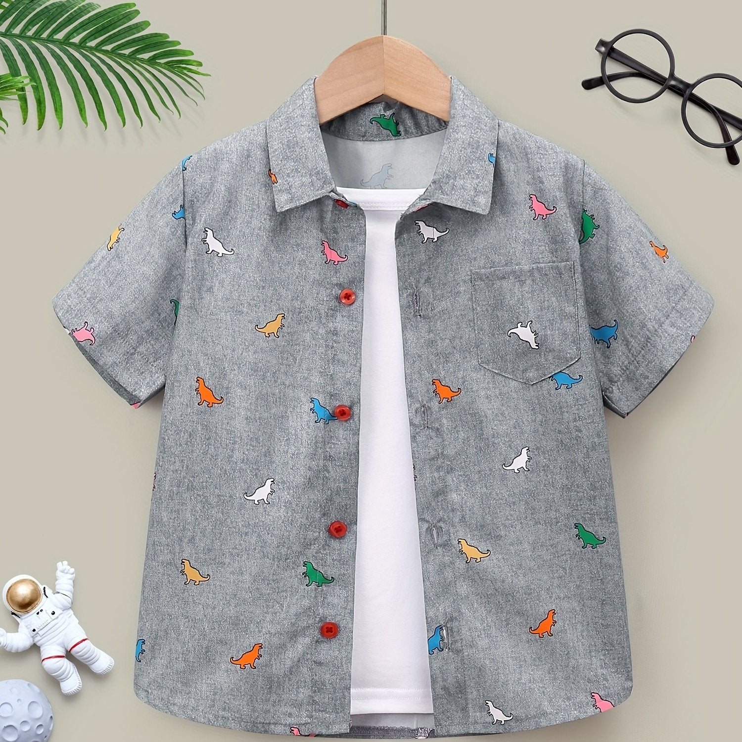 Dinosaur Graphic Print Boys Casual Short Sleeve Shirt