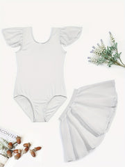 Girls Dance Dress Gymnastics Suit Crew Neck Fly Sleeve Bodysuit