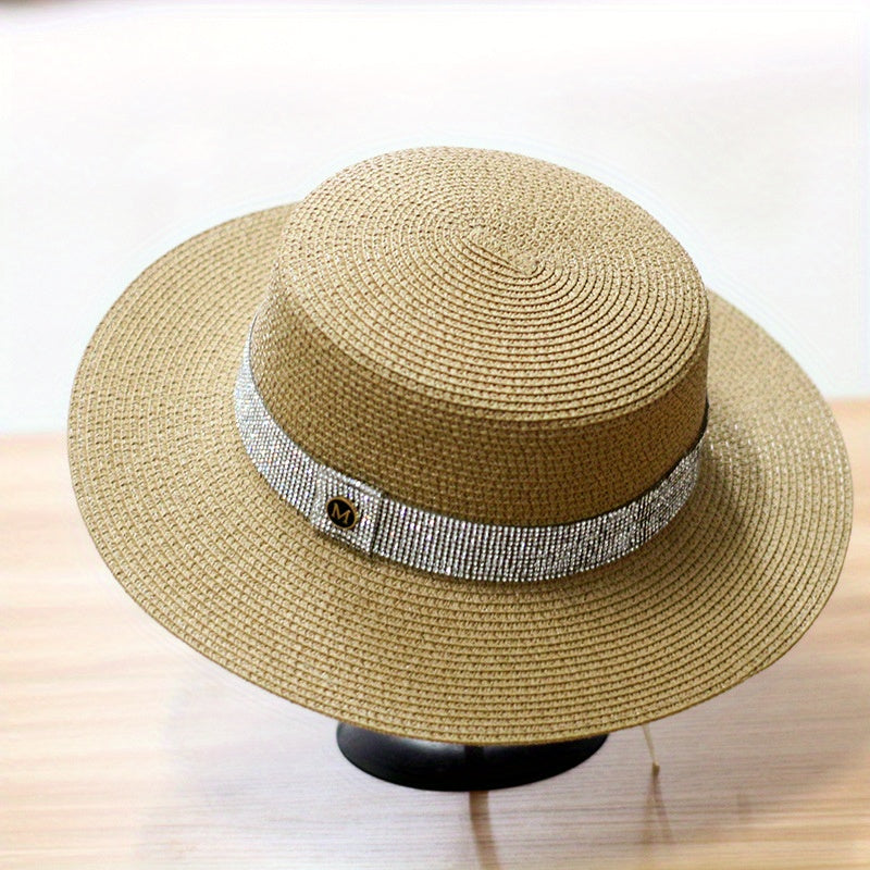 Rhinestone Strap Decor Sun Hat M Label Flat Top British Travel Beach Hat Women
