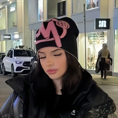 Reversible Letter Jacquard Beanie Hip Hop Knitted Skull Hat Double Warm Knit Hat