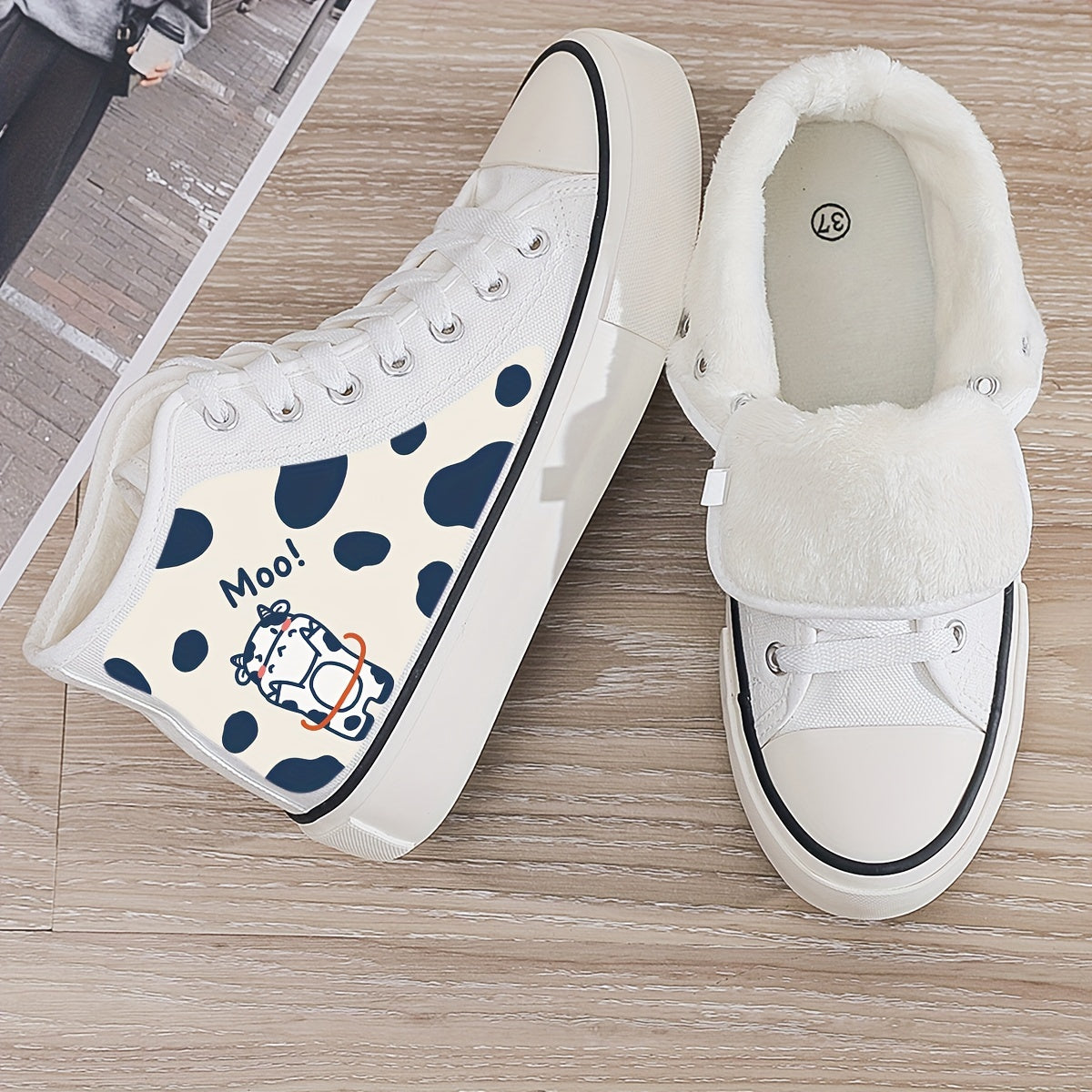 Cow Print Plush Lined Thermal Chunky Canvas Sneakers Flat High