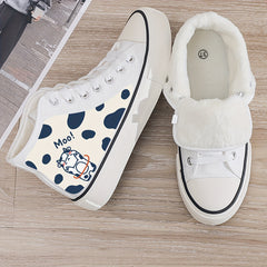 Cow Print Plush Lined Thermal Chunky Canvas Sneakers Flat High