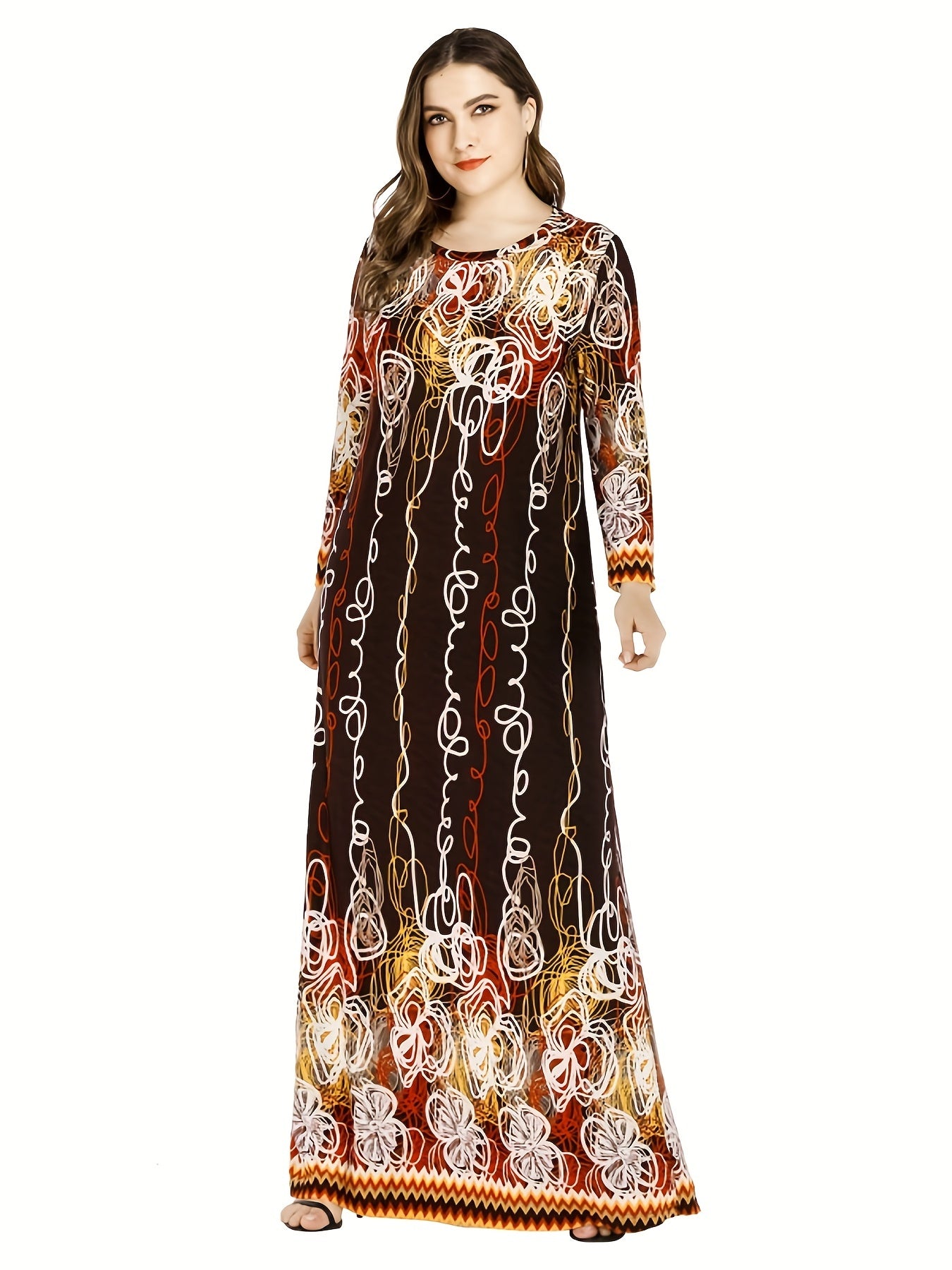 Retro Dress Women's Plus Abstract Stripe Print Long Sleeve Round Neck