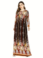 Retro Dress Women's Plus Abstract Stripe Print Long Sleeve Round Neck