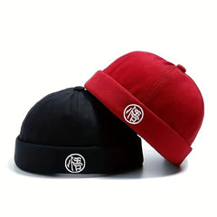 Character Embroidery Unisex Beanie Hip Hop Skull Hat Solid Docker Cap