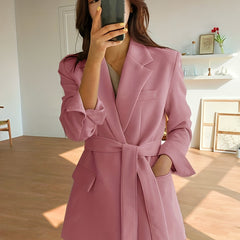 Lapel Neck Tie Waist Blazer Long Sleeve Blazer For Office & Work