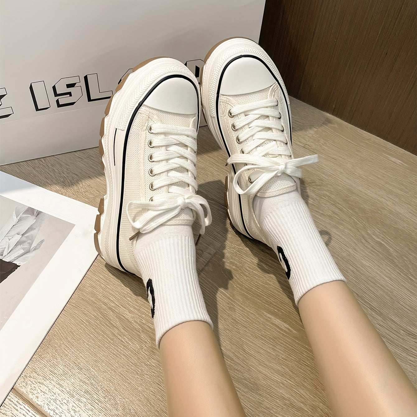 Women's Platform Canvas Lace Up Outdoor Shoes Low Top Sneakers