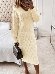 Eyelet Embroidered Sweater Dress V Neck Midi