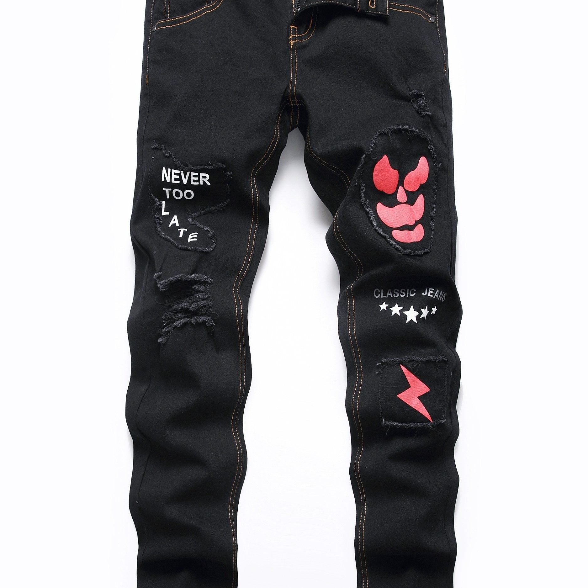 Boys Ghost Face Ripped Jeans Slim Fit Washed Denim Pants