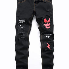 Boys Ghost Face Ripped Jeans Slim Fit Washed Denim Pants