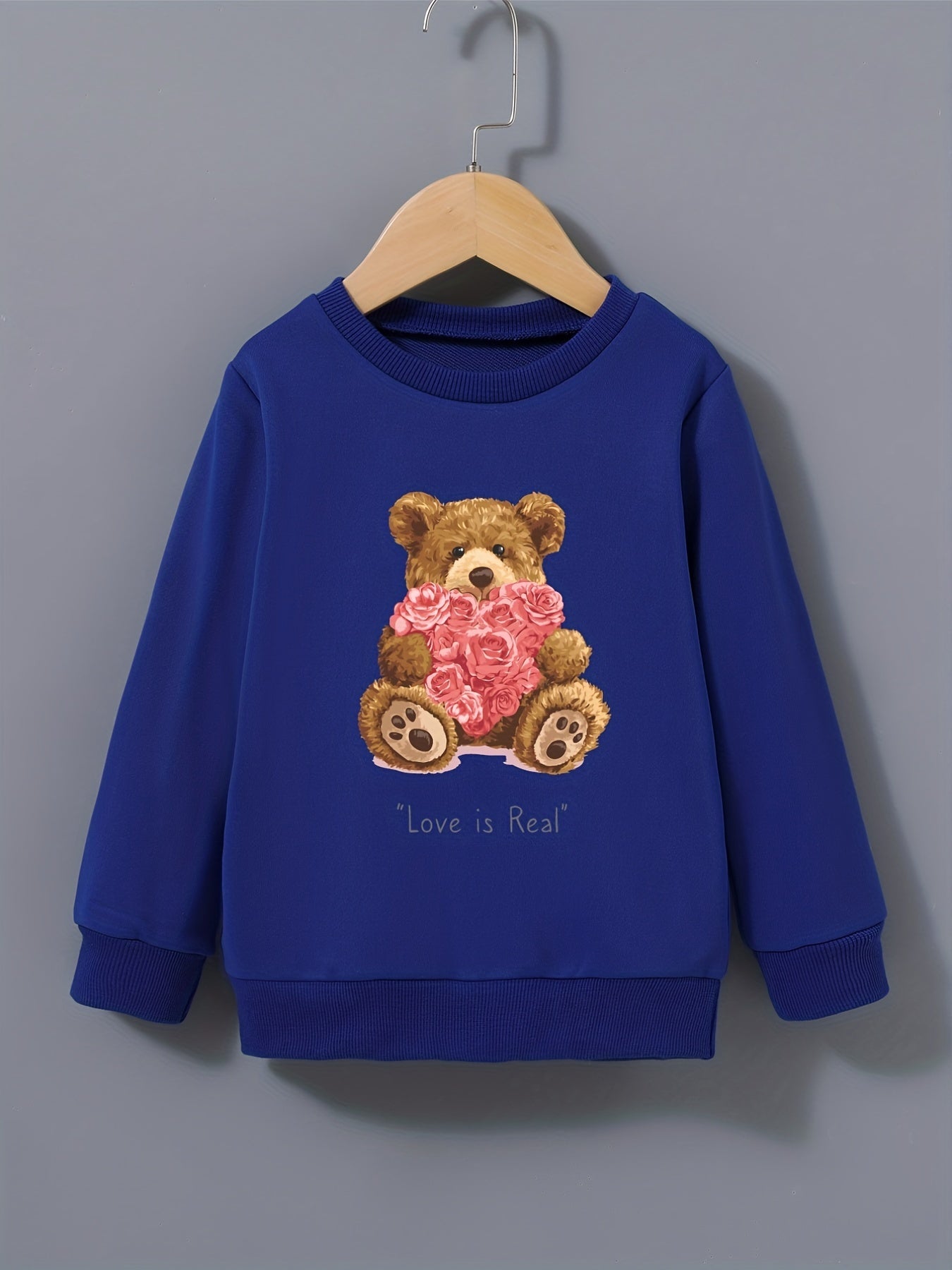 Cartoon Bear And Roses Sweatshirt For Girls Comfy Fit Pullover Tops Youth Kids