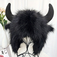 Halloween Ox Horn Plush Hat Winter Warm Ear Protection Windproof Hat