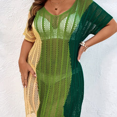 Colorblock Plus Size V Neck Cover Up Dress