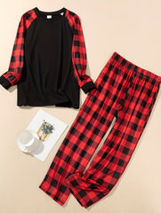 Colorblock Plaid Raglan Sleeve Lounge Set