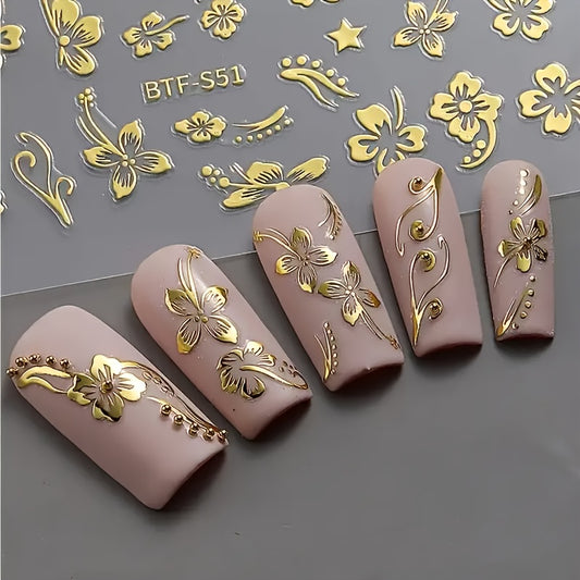 Floral Nail Art Stickers Decals - Glitter Adhesive Nail Embellishments