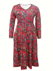 Boho Dress Women's Plus Paisley Print Long Sleeve V Neck