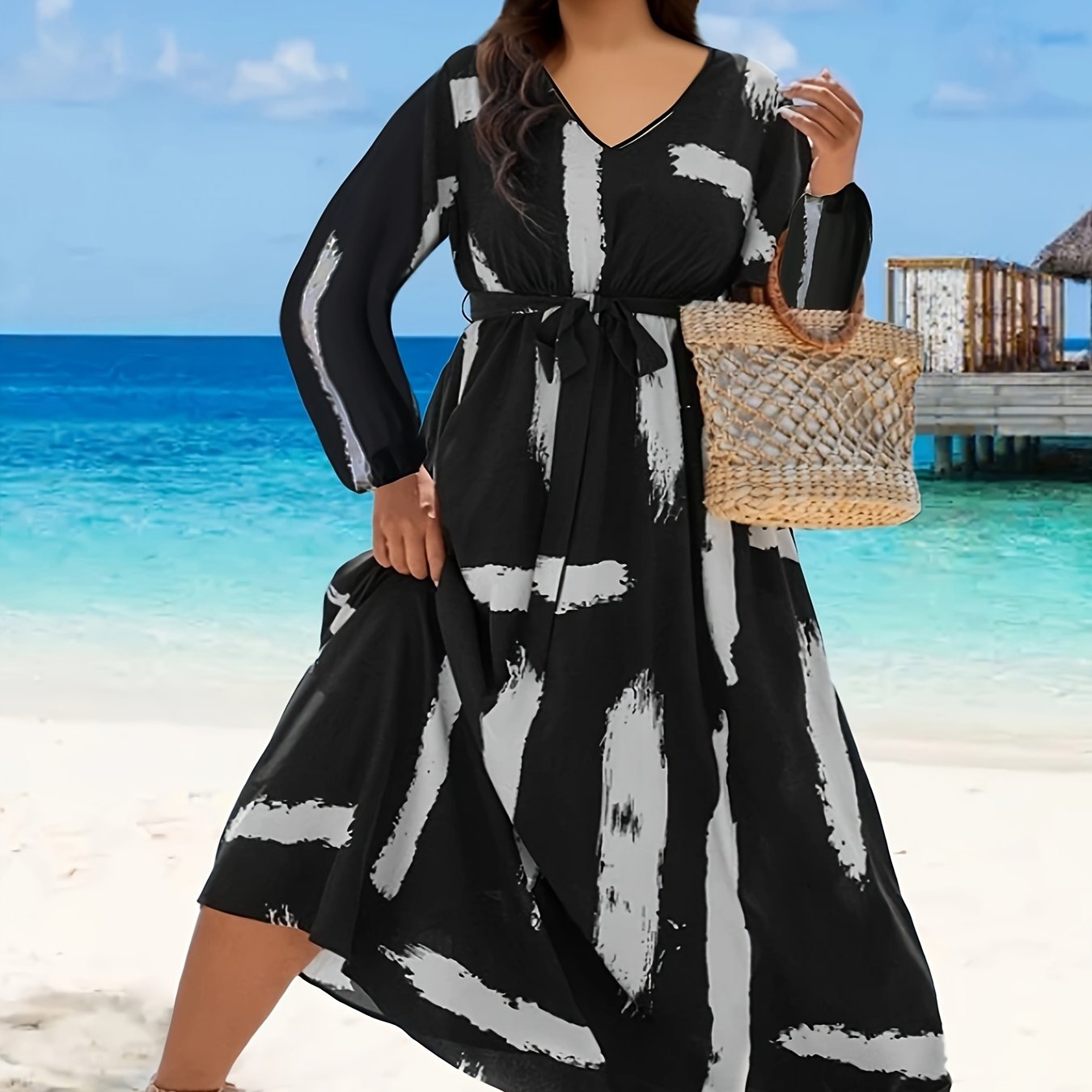 Women's Plus Brush Print Long Sleeve V Neck Maxi Dress With Belt