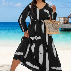 Women's Plus Brush Print Long Sleeve V Neck Maxi Dress With Belt