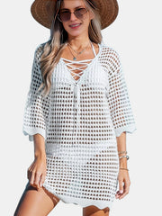Scallop Trim Criss Cross Cover Up Dress Solid Tie Front 3 4 Sleeve