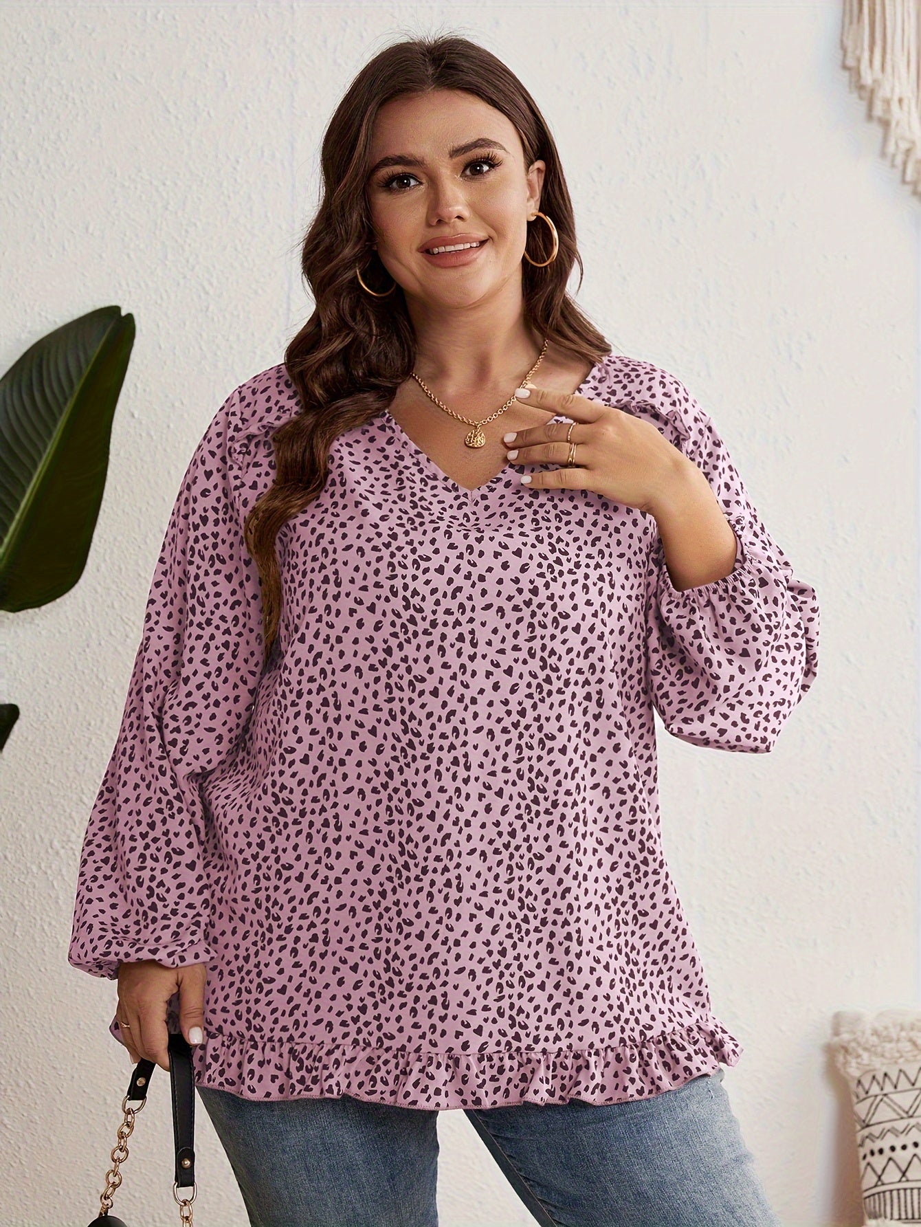 Women's Plus Dalmatian Print Blouse V Neck Ruffle Trim Top