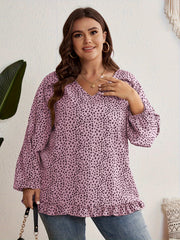 Women's Plus Dalmatian Print Blouse V Neck Ruffle Trim Top