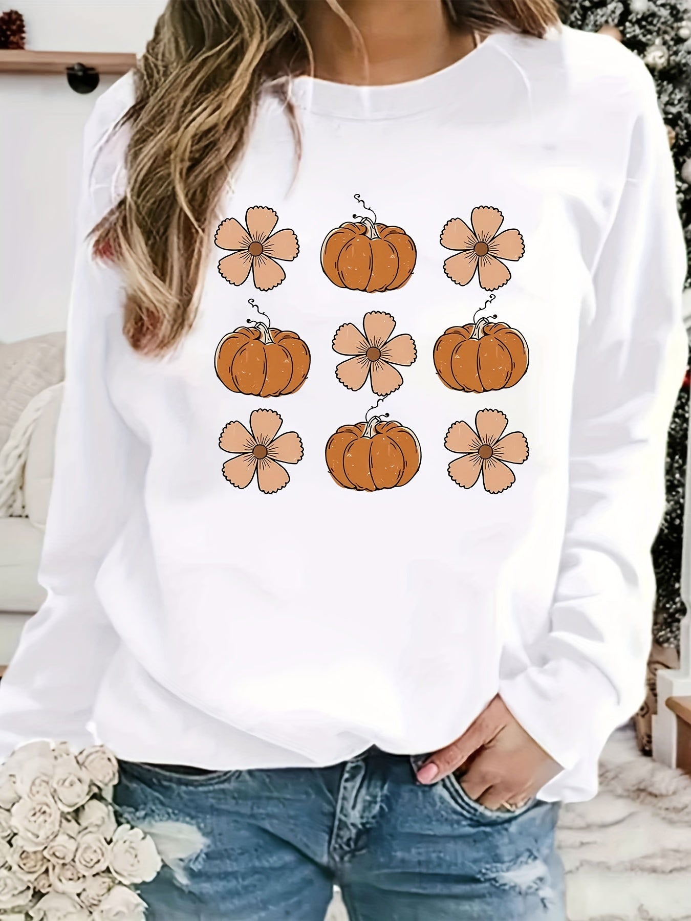Halloween Pumpkin Print Sweatshirt Long Sleeve Crew Neck Women's Clothing