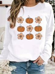 Halloween Pumpkin Print Sweatshirt Long Sleeve Crew Neck Women's Clothing