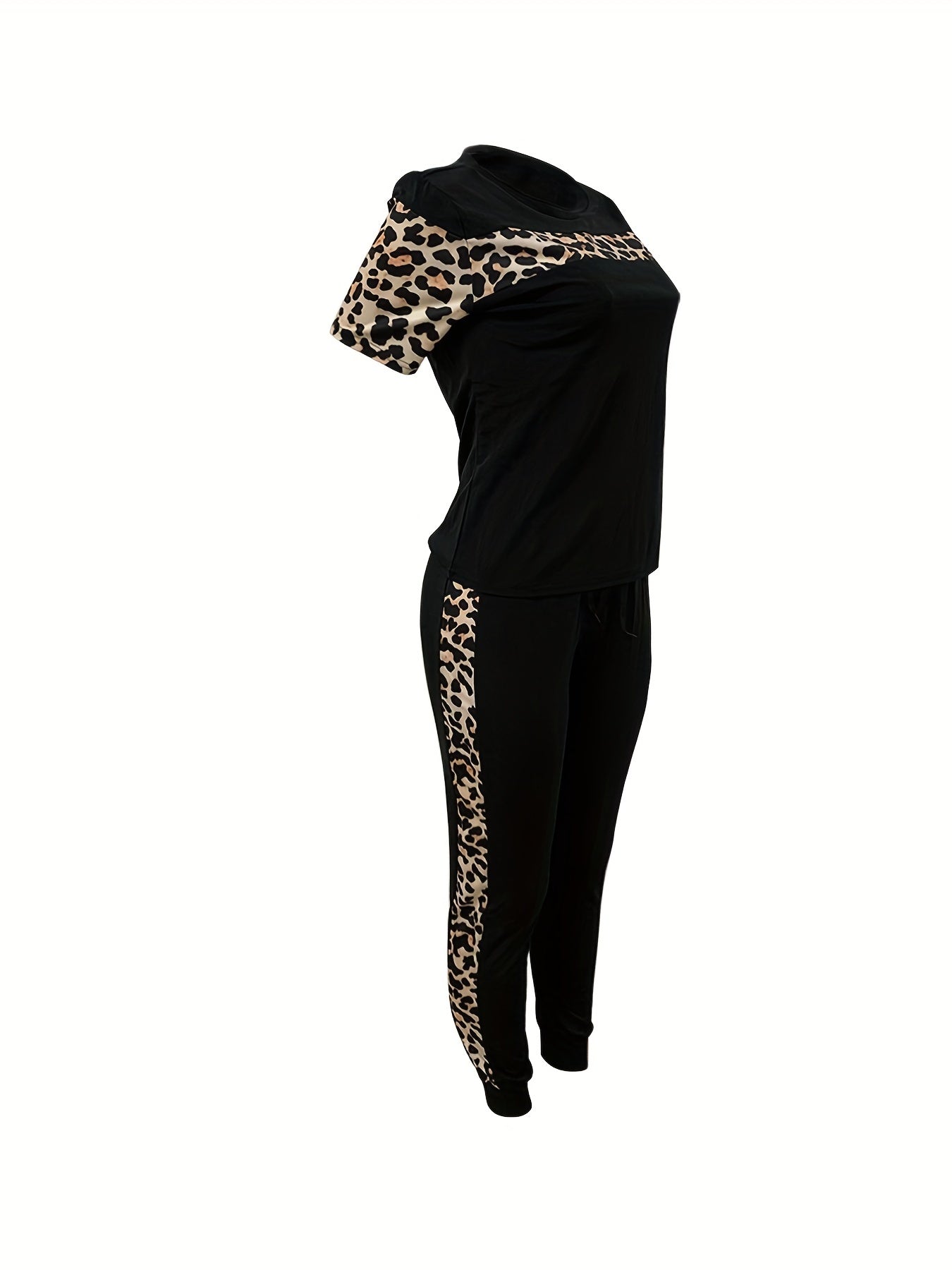 Leopard Print 2pc Set Crew Neck Tee & High Waist Pants