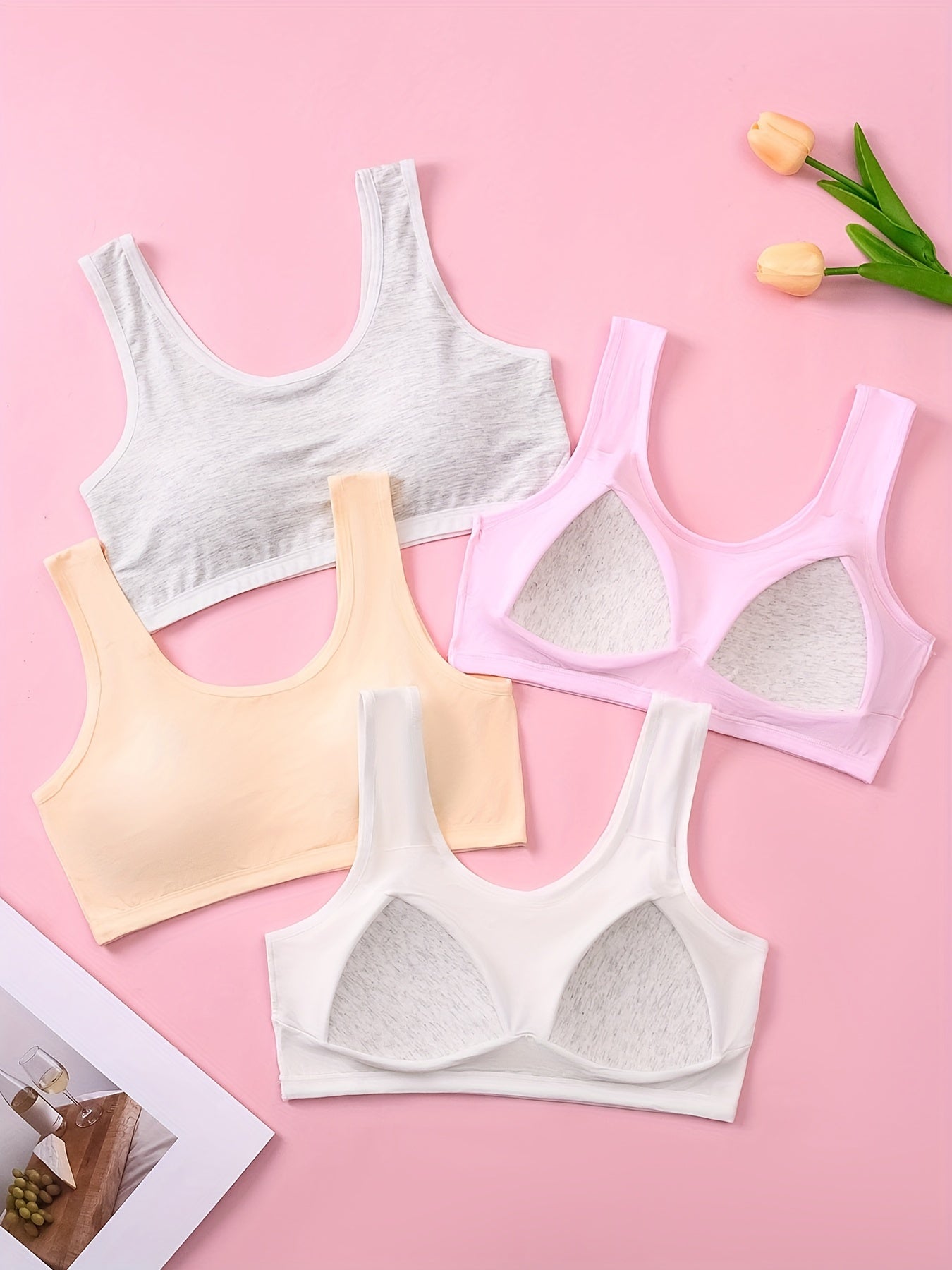 4pcs Girls Bras Soft Comfy Tank Top Without Steel Ring Wide Strap