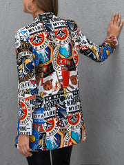Graphic & Letter Print Open Front Blazer Casual Long Sleeve Blazer