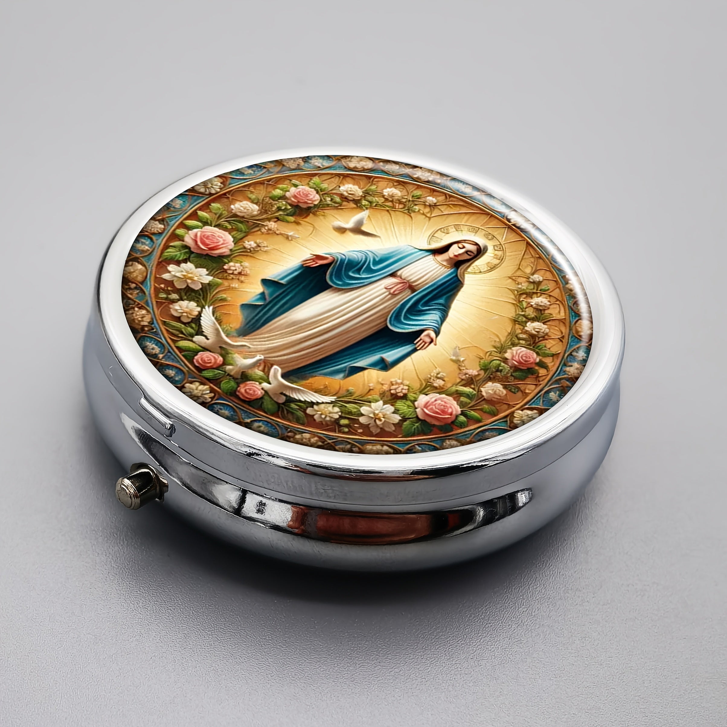 Virgin Mary Metal Pill Box 3 Compartment Portable Organizer