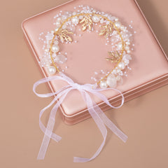 Pearl Floral Headband Golden Leaf Tiara Headgear