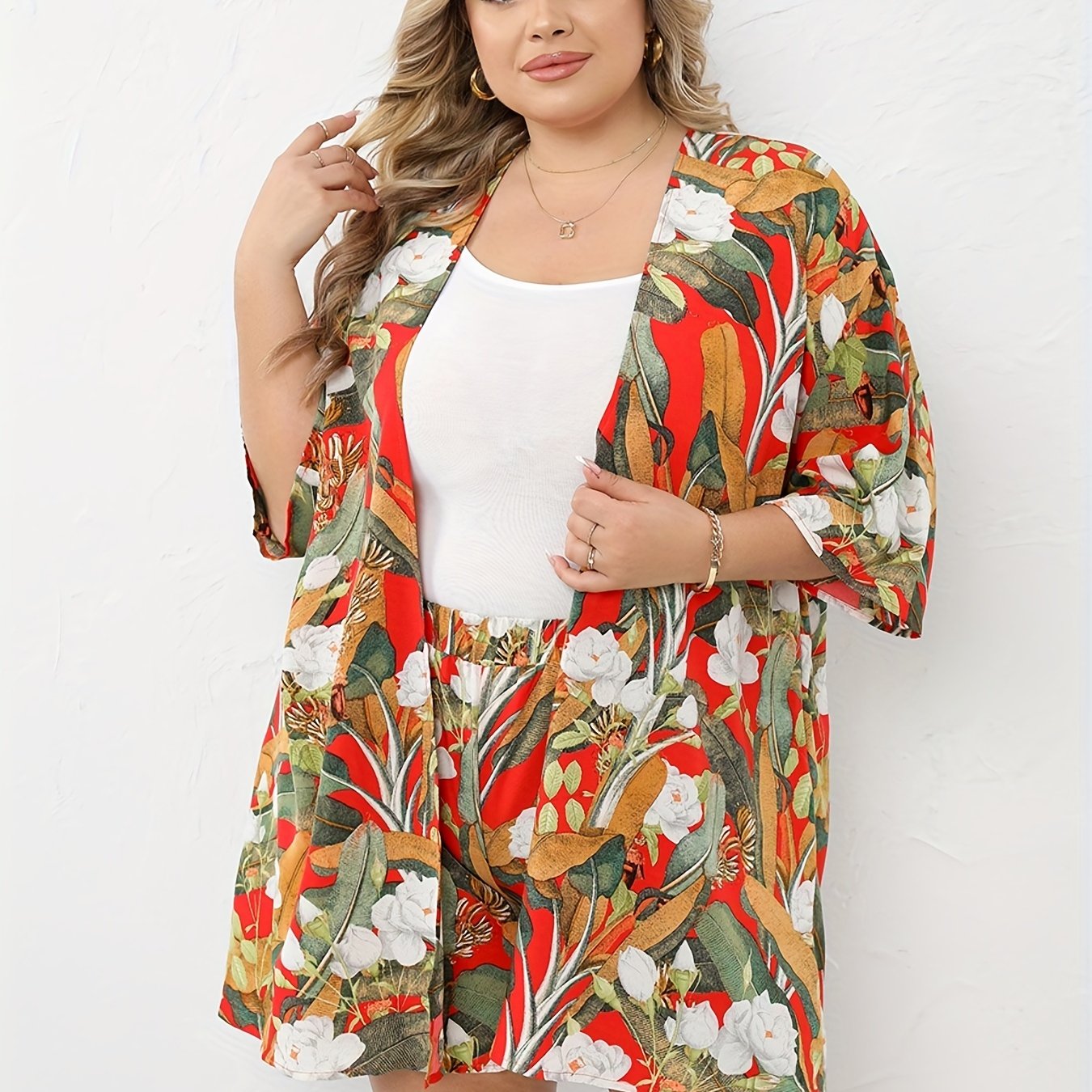 Women's Plus Tropical Print Shirt & Shorts 2pcs Set