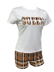Spring Summer Two piece Set Queen Letter Tee & Plaid Shorts Outfit