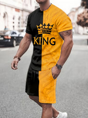 Men's King Print Sports T-shirt & Shorts Set for Summer