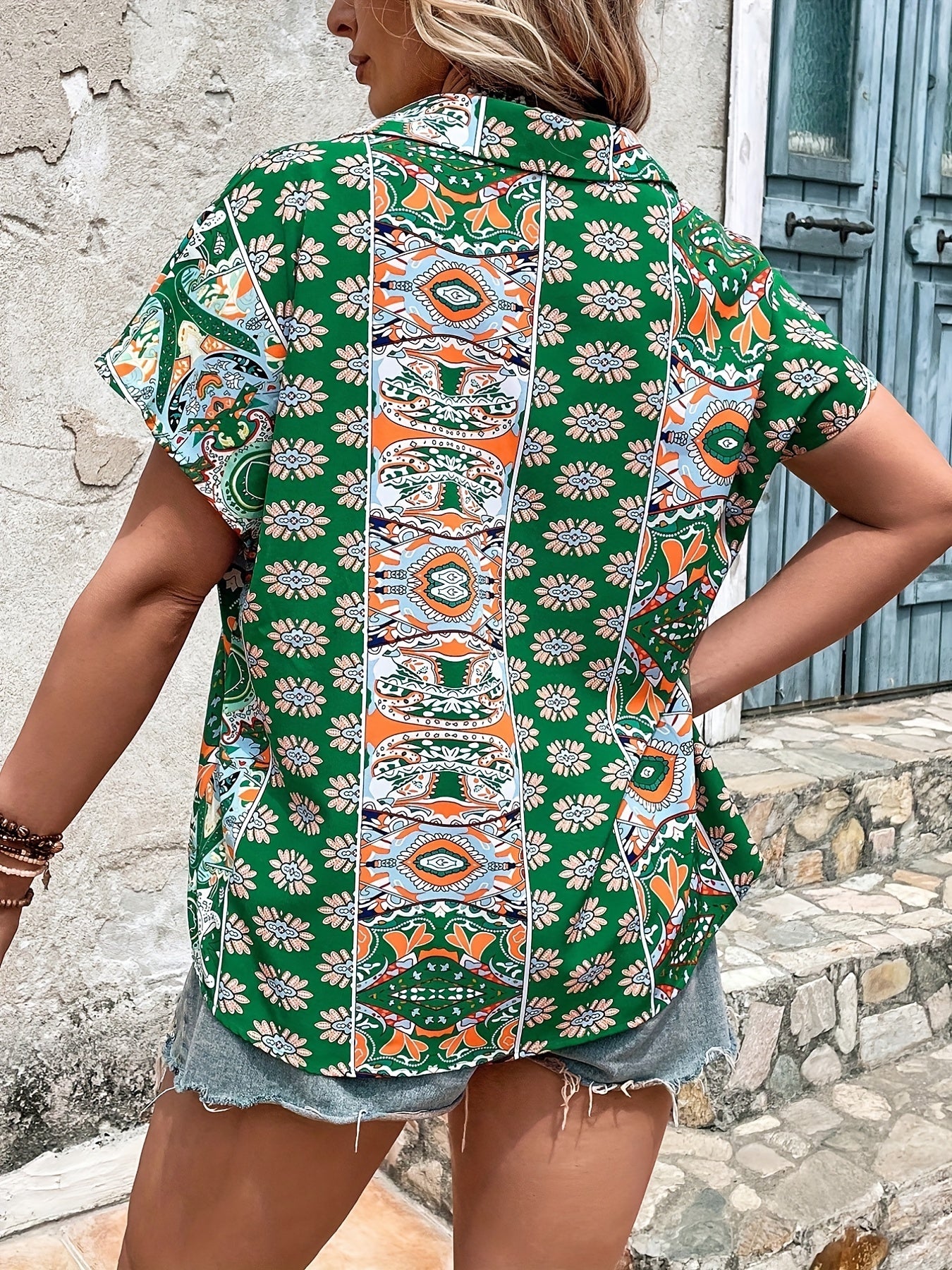 Boho Blouse Women's Plus Tribal Print Polo Neck Blouse