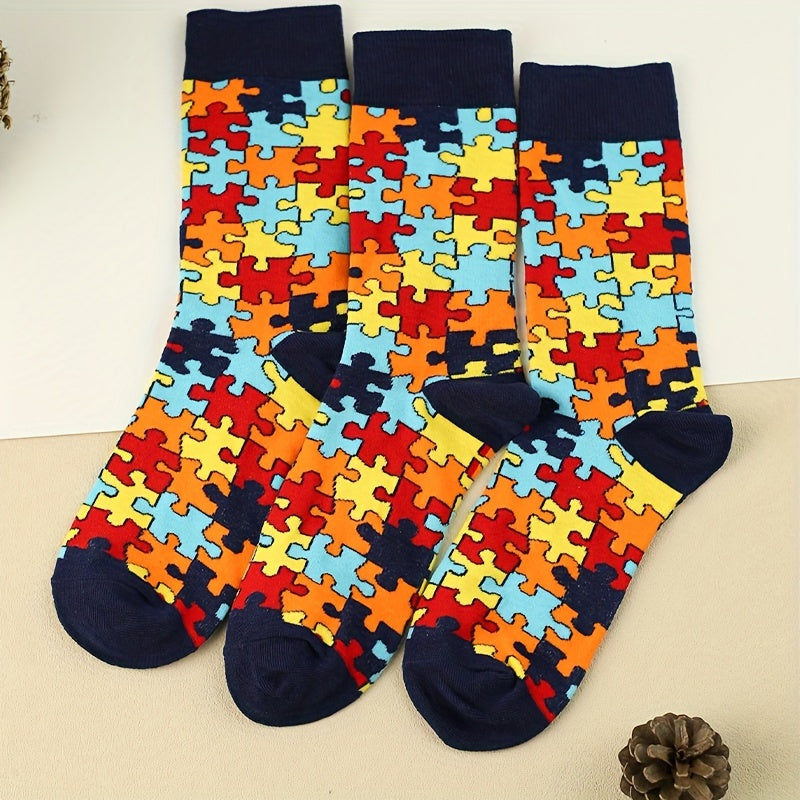 3 Pairs Puzzle Print Socks Comfy & Breathable Women's Mid Tube Stockings