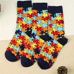3 Pairs Puzzle Print Socks Comfy & Breathable Women's Mid Tube Stockings
