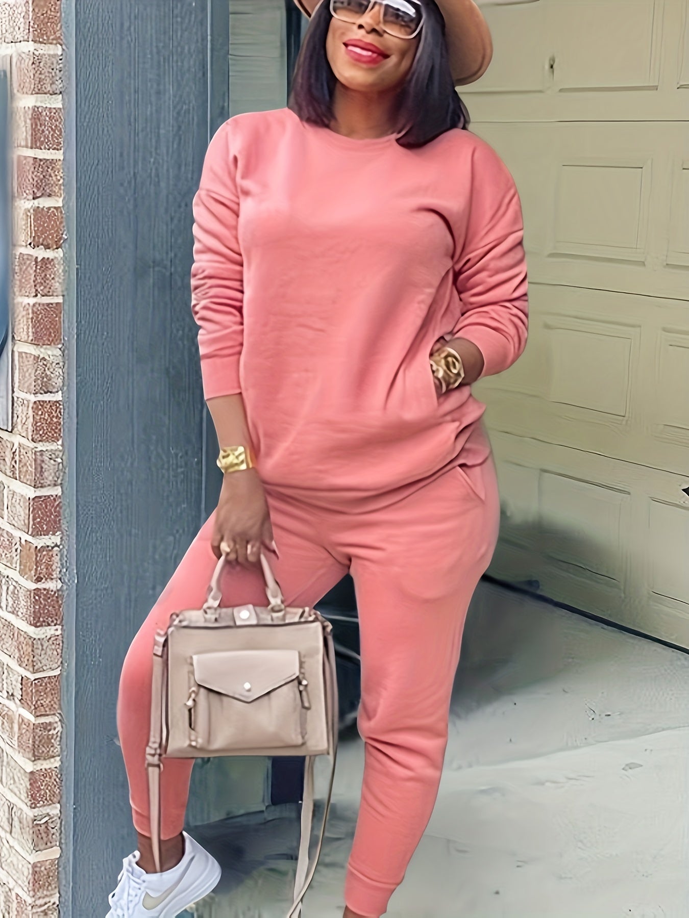 Women's Plain Top & Pants Outfit Two Piece Set