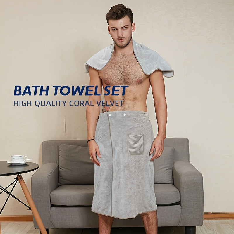 2pcs Men's Microfiber Bathrobe & Hand Towel Set Quick Drying