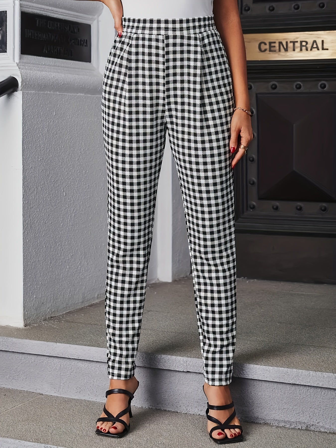 Gingham Print Slim Pants High Waist Long Length