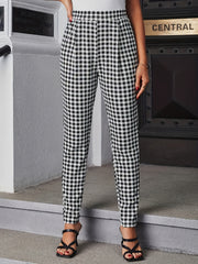 Gingham Print Slim Pants High Waist Long Length