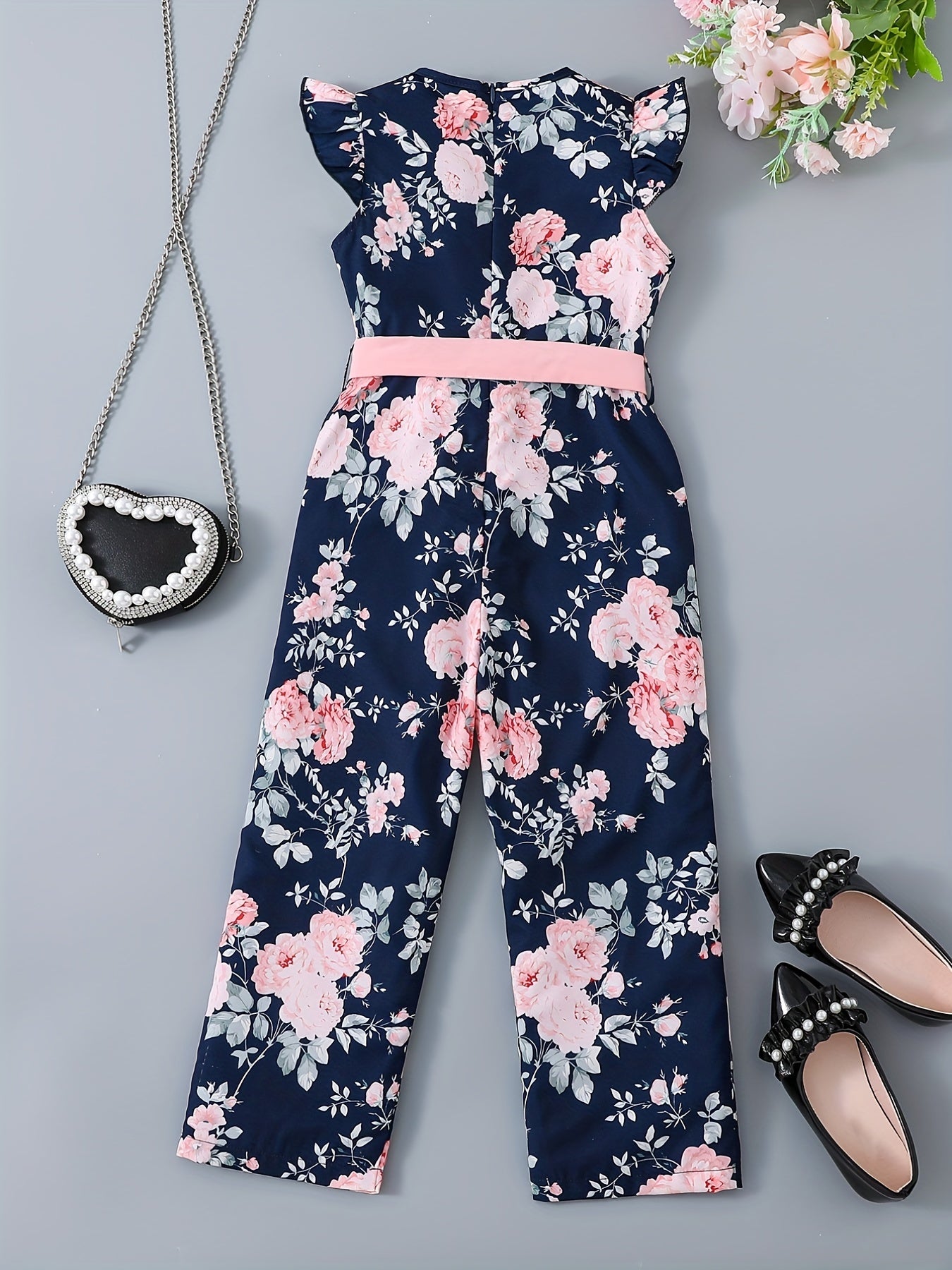 Toddler Girls Flowers Flutter Sleeve Rompers Wide Leg Jumpsuits