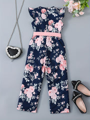 Toddler Girls Flowers Flutter Sleeve Rompers Wide Leg Jumpsuits