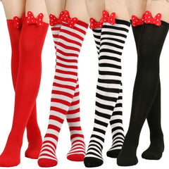 Striped Thigh High Stockings With Bow Over Knee Socks