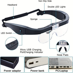 Rechargeable LED Head Magnifying Glass 4 Lens 1.5X 2.5X 3.5X