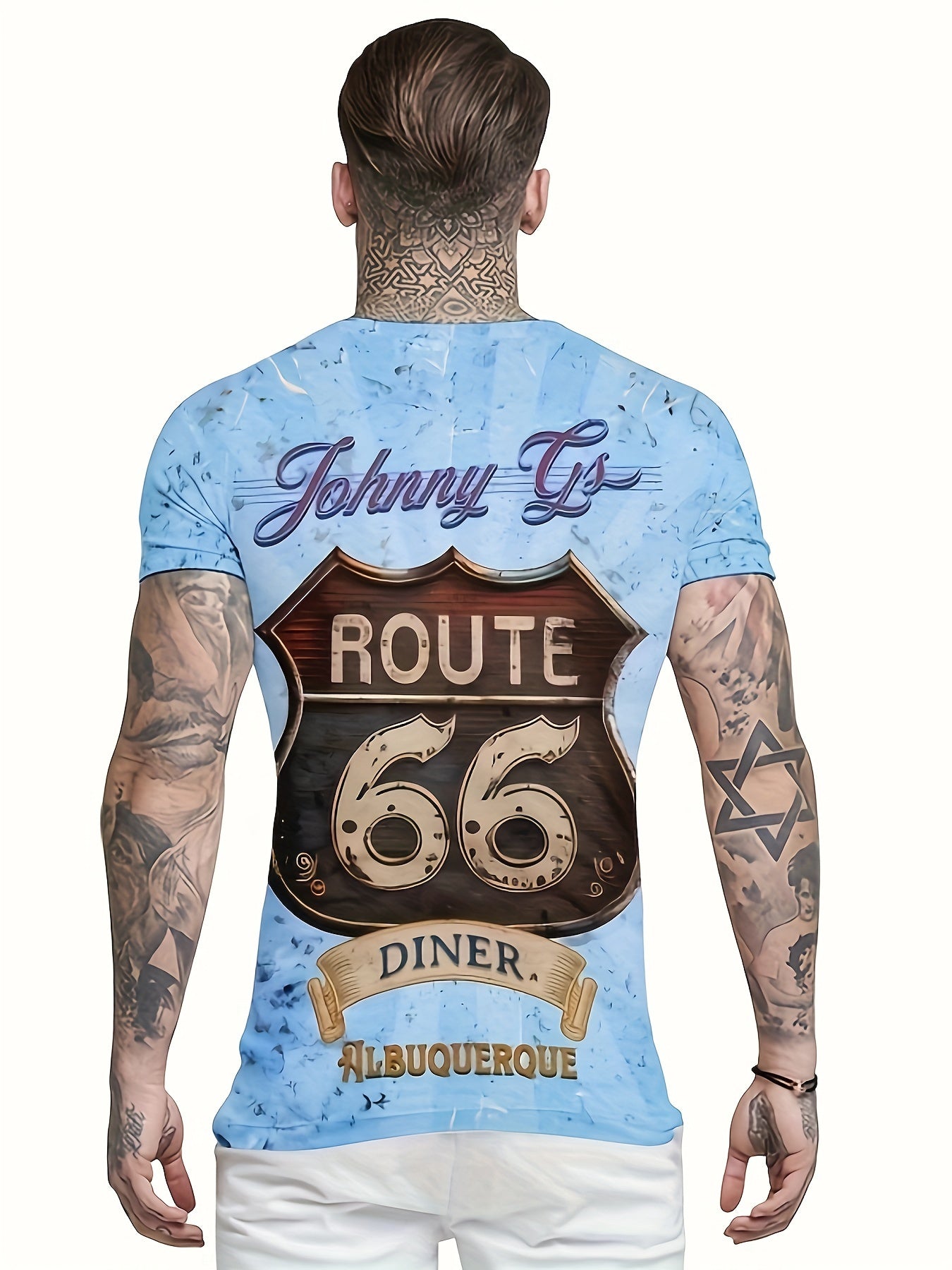 Retro 66 Print Tee Shirt Men's Casual Street Style Stretch Round Neck Tee