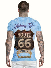 Retro 66 Print Tee Shirt Men's Casual Street Style Stretch Round Neck Tee