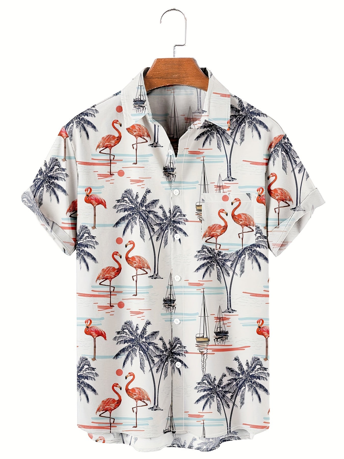 Hawaiian Coconut Tree & Flamingo Print Men's Casual Short Sleeve Shirt