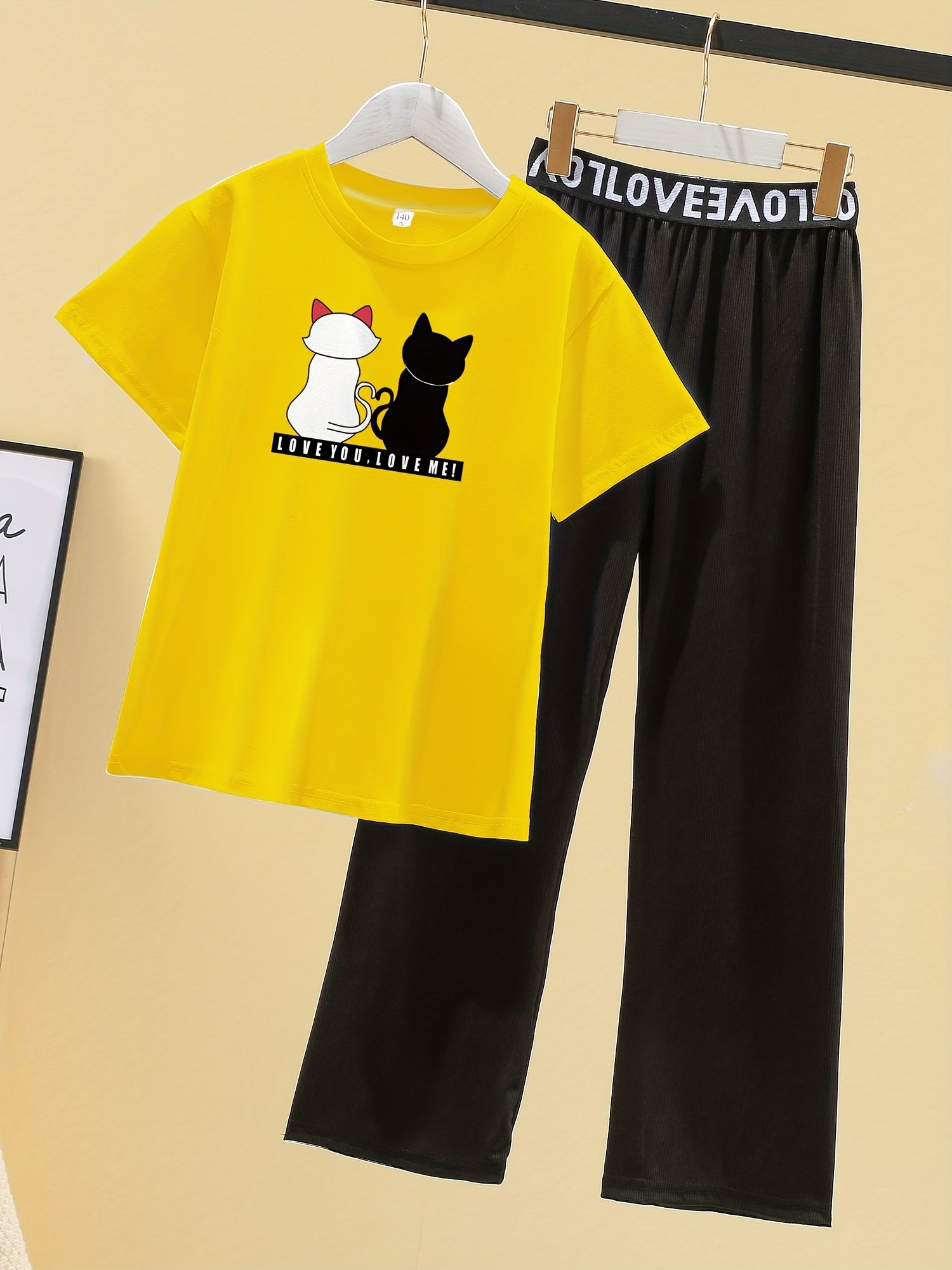 Girls Cat Graphic T Shirt & Wide Leg Pants Set Kids Spring Summer Clothes